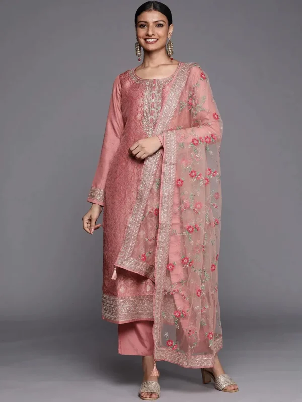 Peach Self Design Silk Blend Straight Kurta With Dupatta