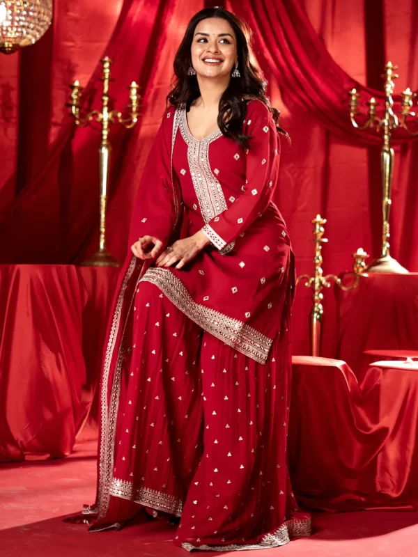 Surkh Libas Art Red Embroidered Georgette Straight Suit With Dupatta - Image 2