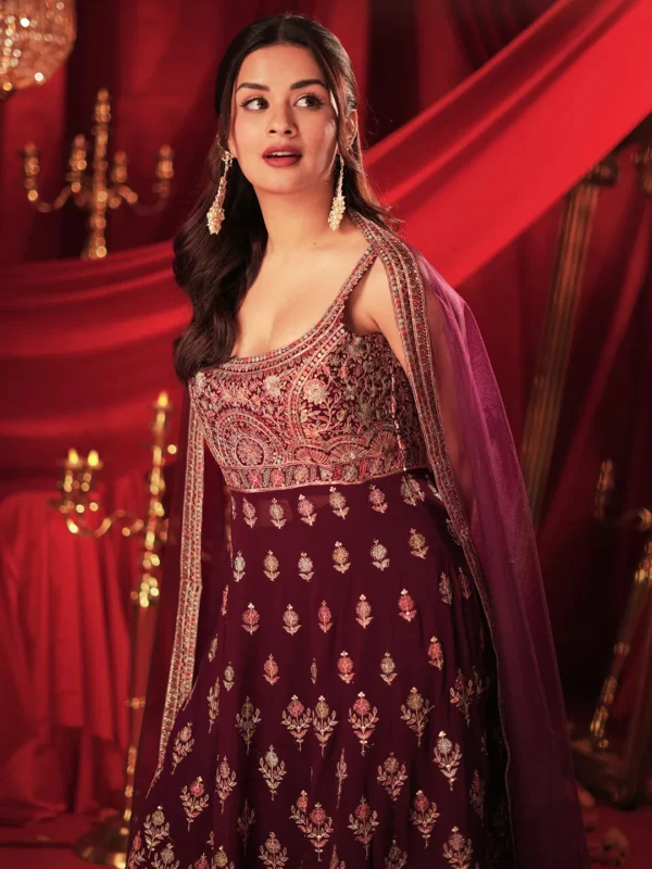 Mehreen Libas Art Wine Embroidered Georgette A-Line Kurta With Palazzos & Dupatta - Image 3