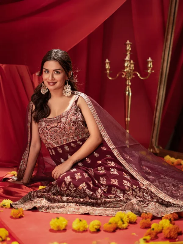Mehreen Libas Art Wine Embroidered Georgette A-Line Kurta With Palazzos & Dupatta - Image 2